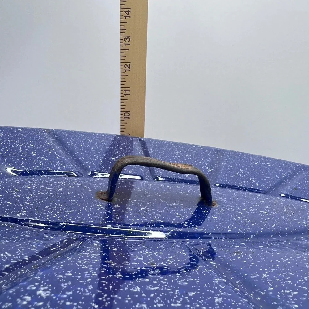 Antique Blue Speckled Enamelware Roasting Pan High Dome Lid Deep Form Farmhouse